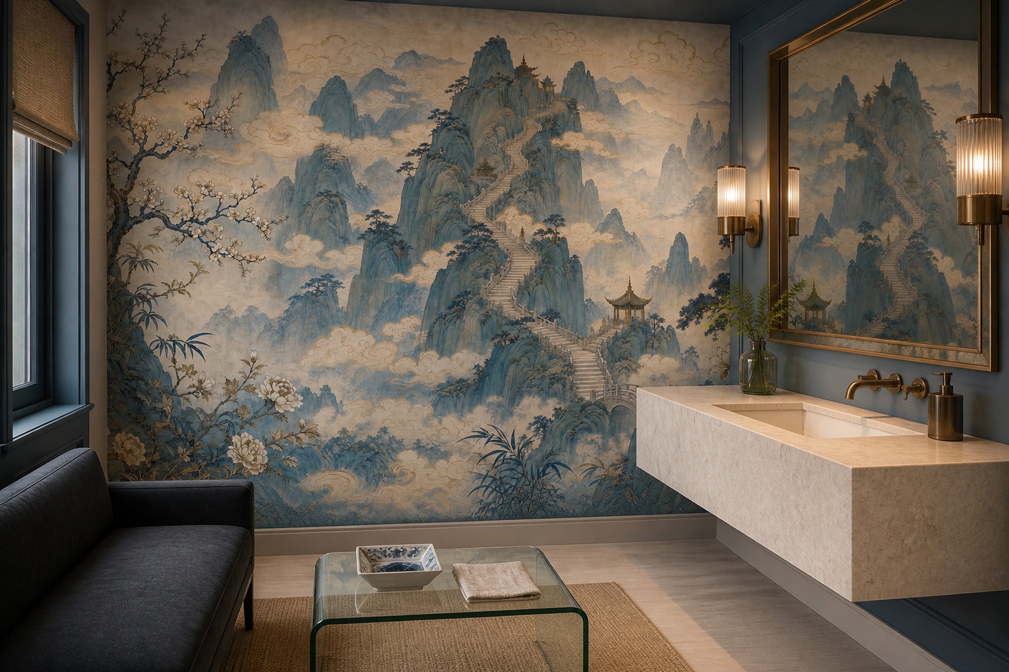Chinese Landscape Wallpaper Misty Mountains Pagoda Pavilion Wall Mural