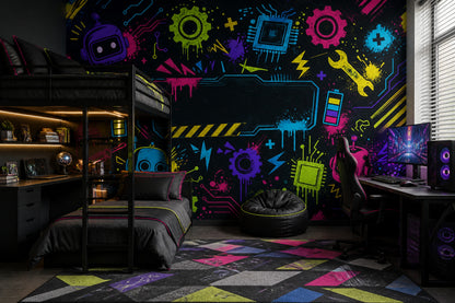 Robotics Wallpaper Neon Circuit Board Removable Wall Decor