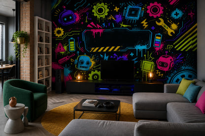 Robotics Wallpaper Neon Circuit Board Removable Wall Decor