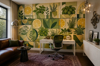 Geometric Botanical Wallpaper Herb Garden Removable Lemon Slices Wall Decor