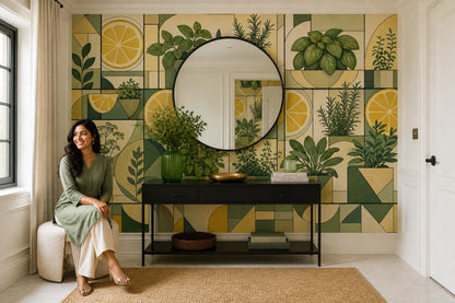 Geometric Botanical Wallpaper Herb Garden Removable Lemon Slices Wall Decor