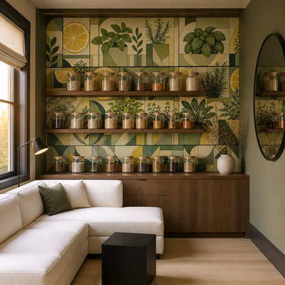 Geometric Botanical Wallpaper Herb Garden Removable Lemon Slices Wall Decor