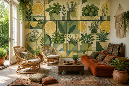 Geometric Botanical Wallpaper Herb Garden Removable Lemon Slices Wall Decor