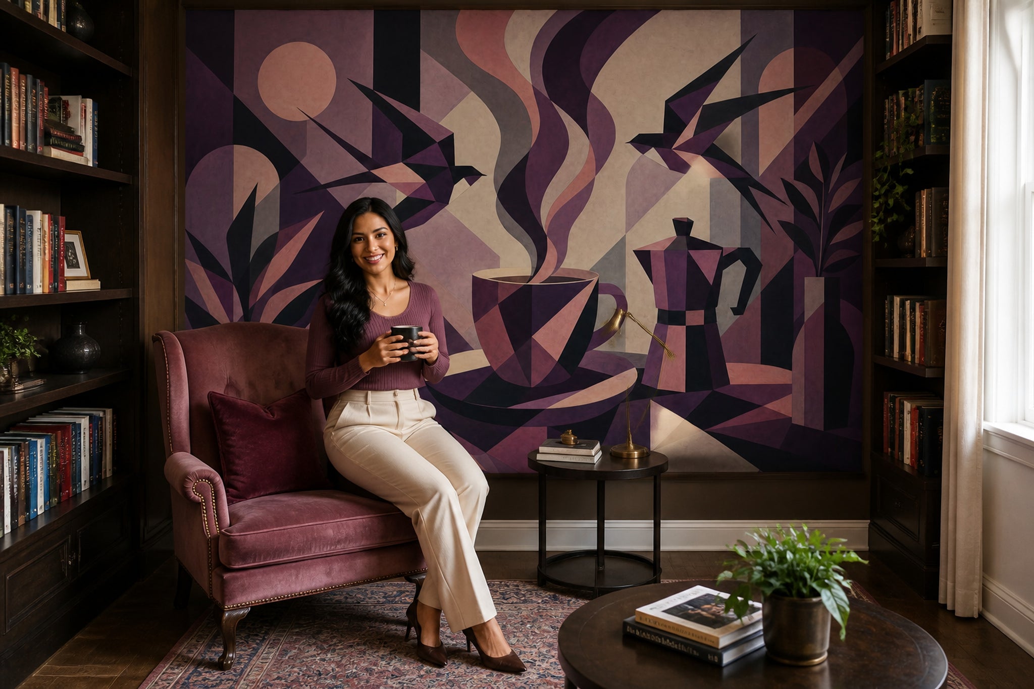 Geometric Abstract Wallpaper Art Deco Coffee Cup Removable Wall Decor