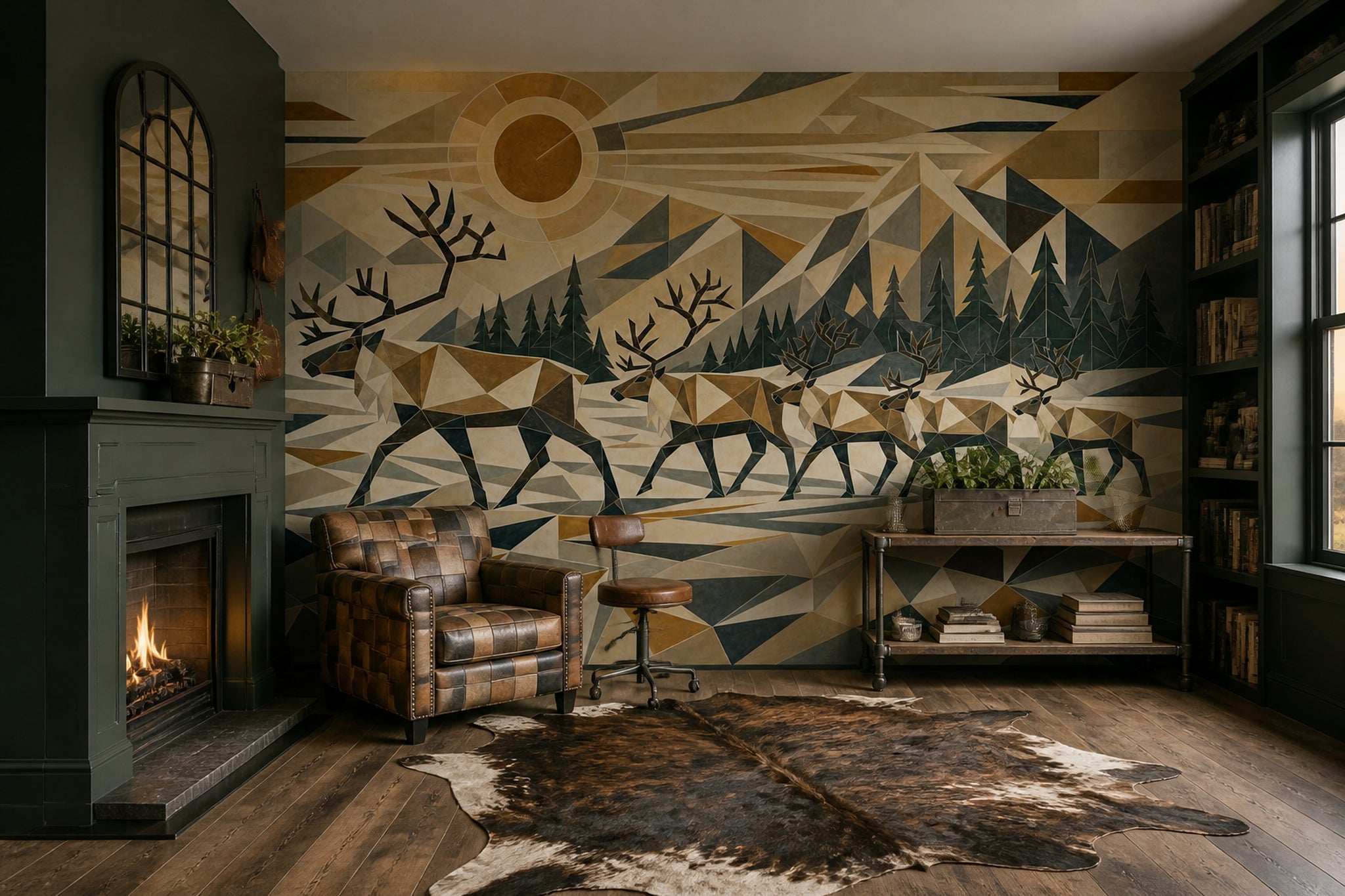 Geometric Landscape Wallpaper Low Poly Removable Deer Herd Wall Decor