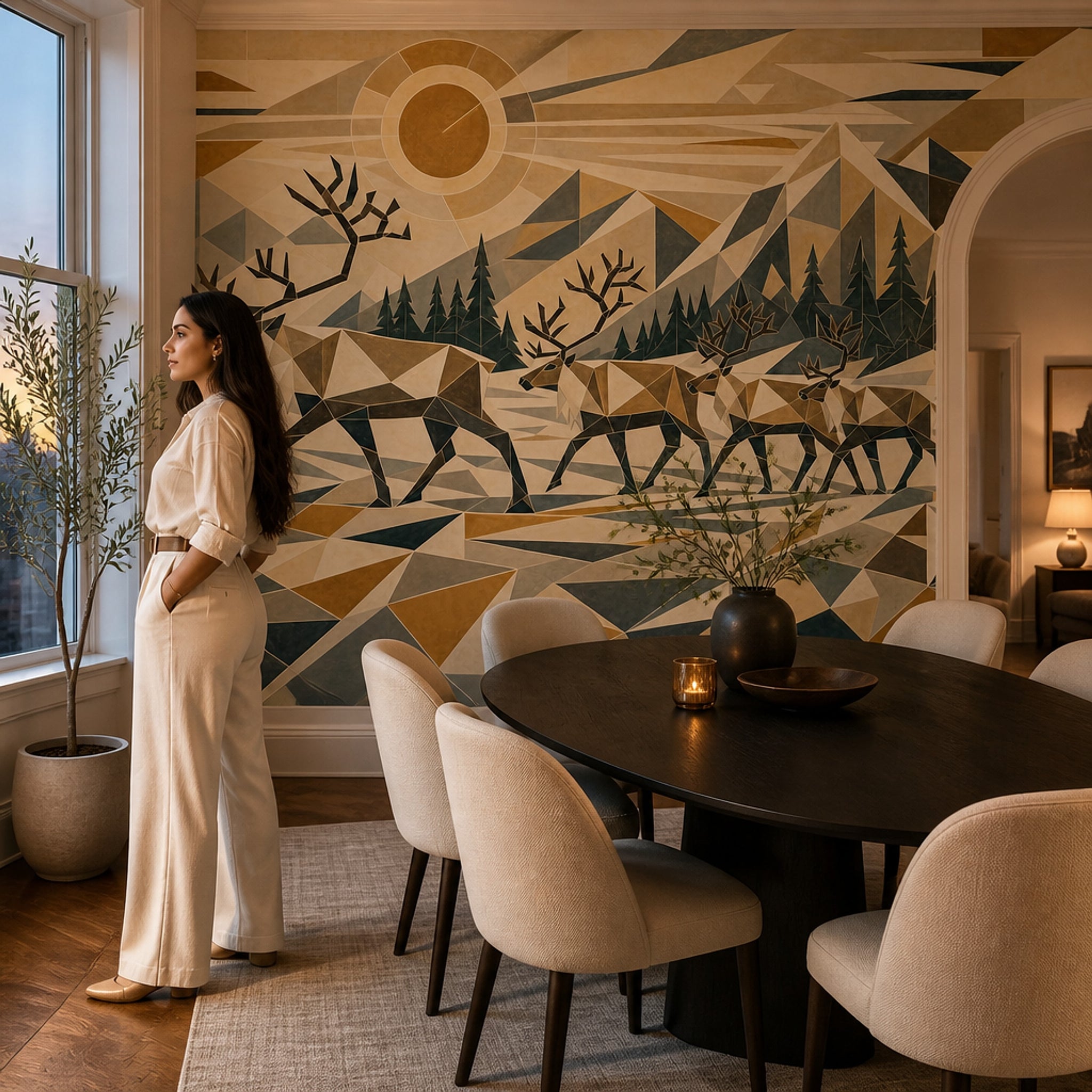 Geometric Landscape Wallpaper Low Poly Removable Deer Herd Wall Decor