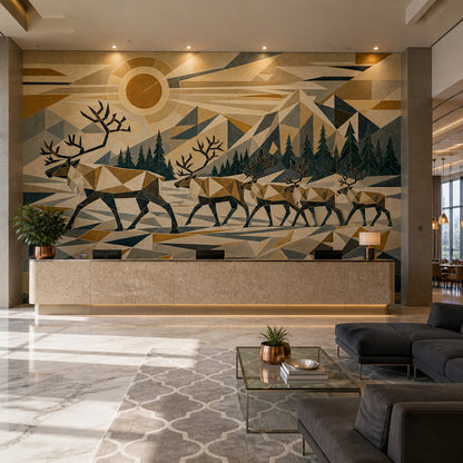 Geometric Landscape Wallpaper Low Poly Removable Deer Herd Wall Decor