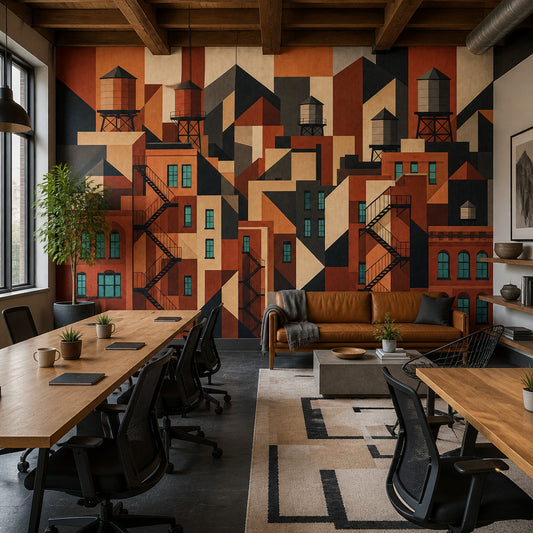 Geometric Cityscape Wallpaper Industrial Rooftops Art Deco Modern Removable Wall Decor