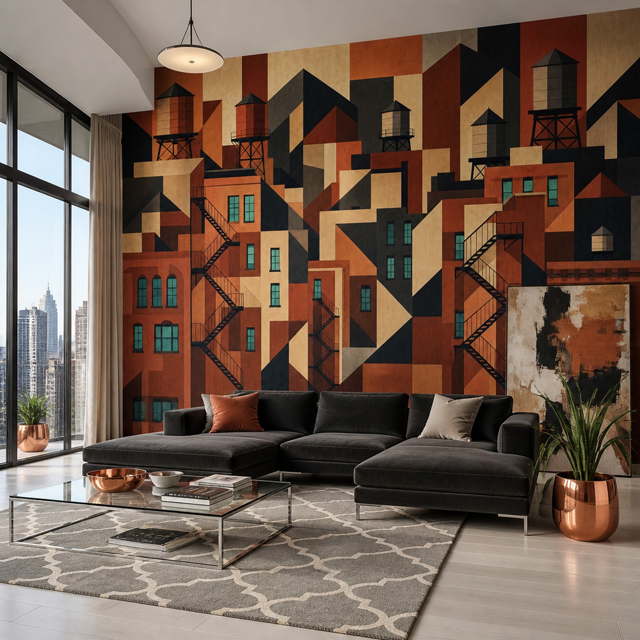 Geometric Cityscape Wallpaper Industrial Rooftops Art Deco Modern Removable Wall Decor