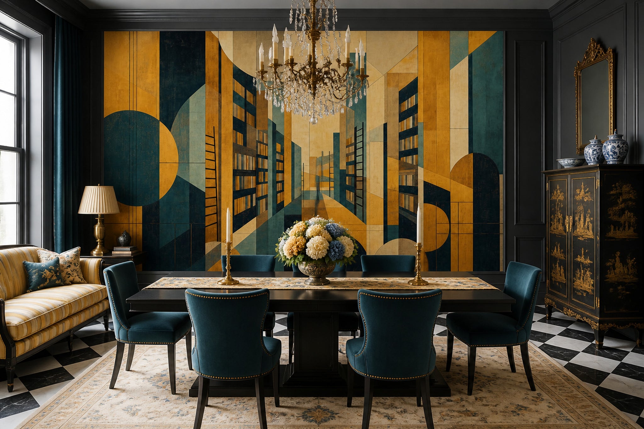 Geometric Cityscape Wallpaper Art Deco Removable Abstract Architecture Wall Decor