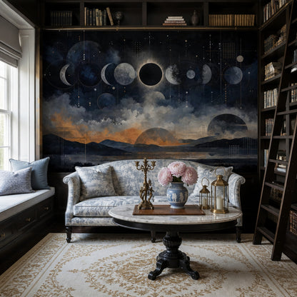 Moon Phases Wallpaper Solar Eclipse Dark Celestial Removable Wall Decor