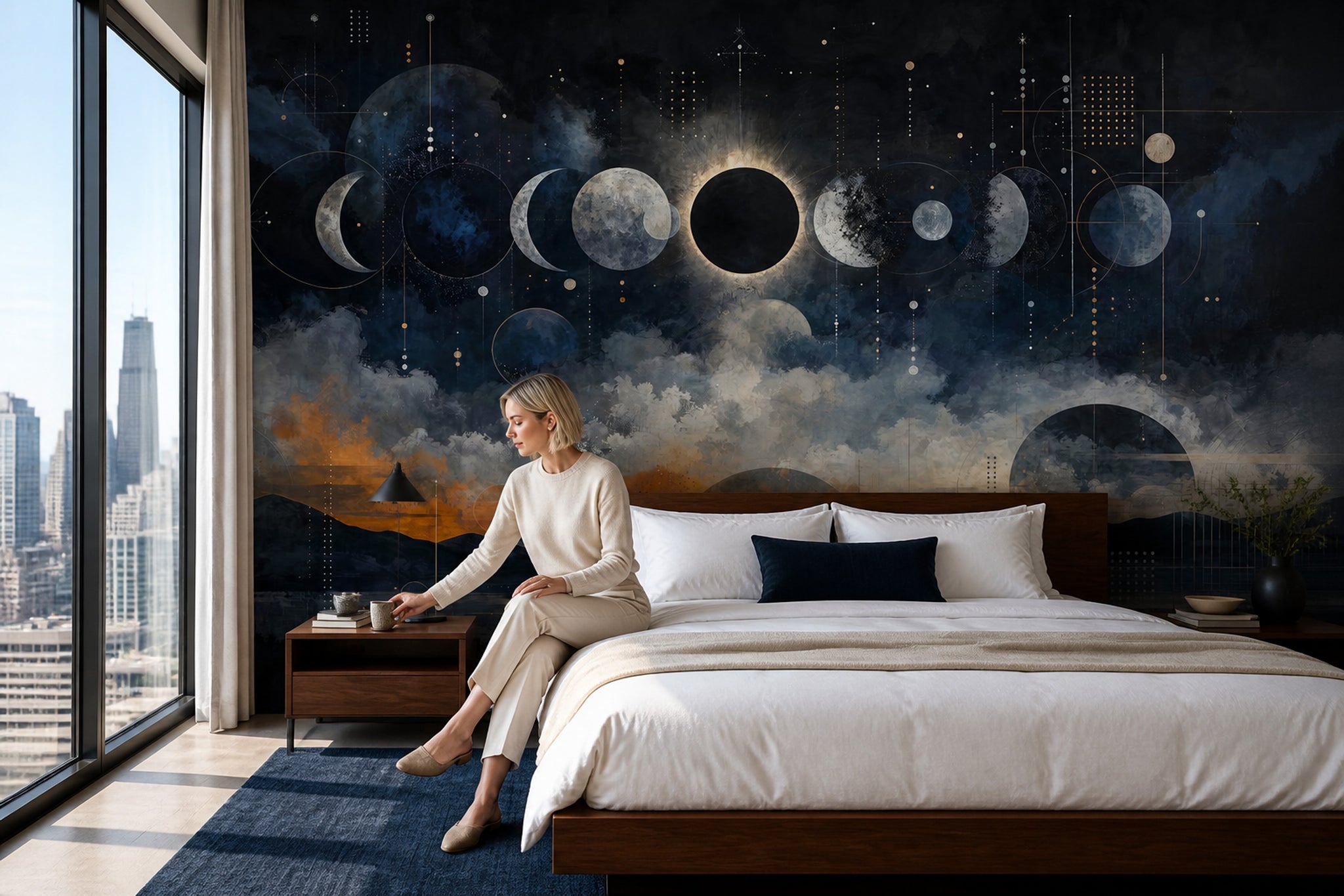 Moon Phases Wallpaper Solar Eclipse Dark Celestial Removable Wall Decor