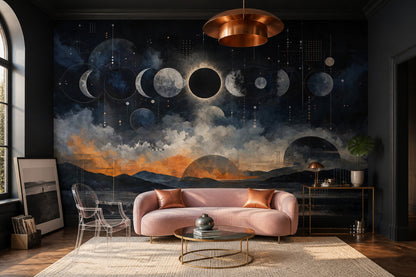 Moon Phases Wallpaper Solar Eclipse Dark Celestial Removable Wall Decor