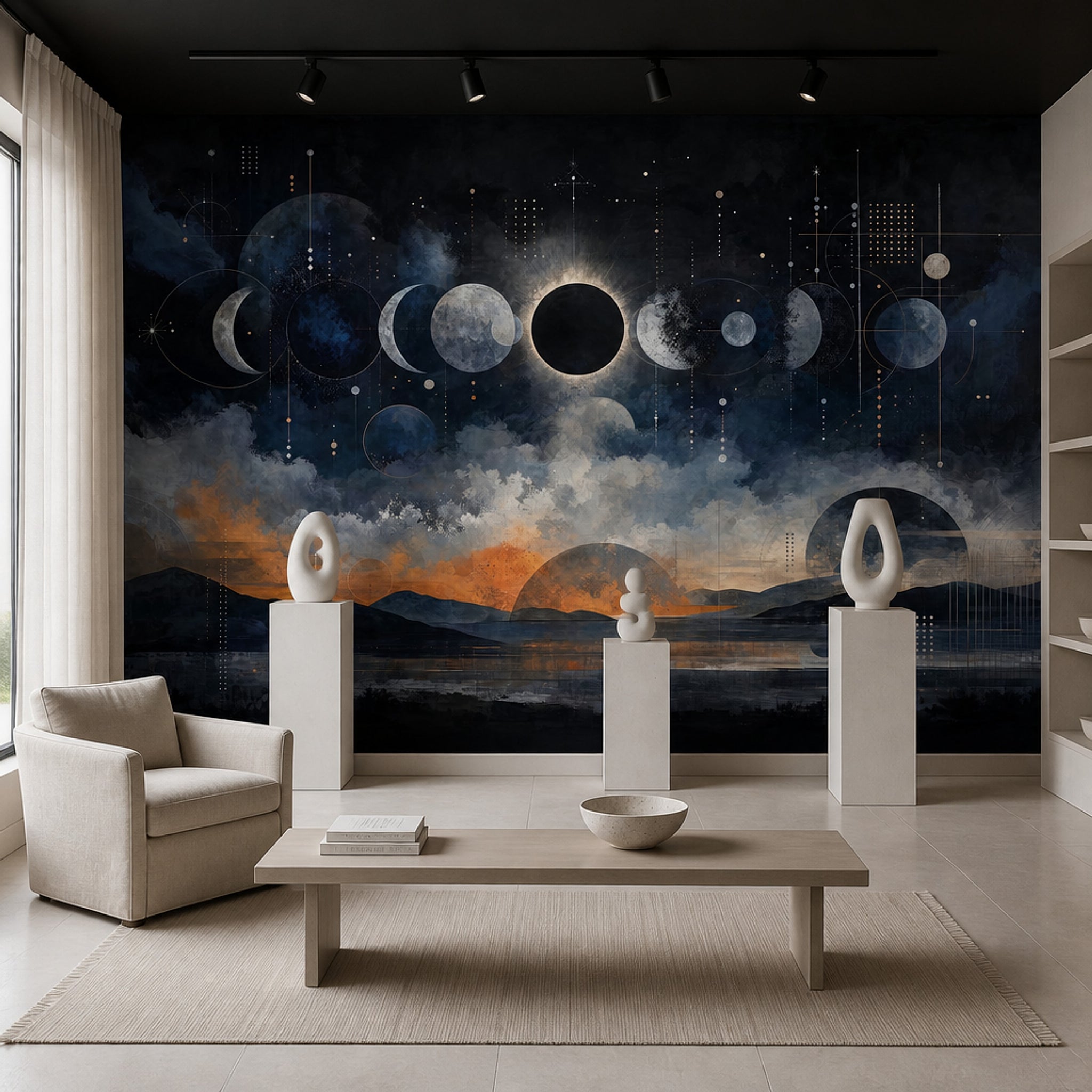 Moon Phases Wallpaper Solar Eclipse Dark Celestial Removable Wall Decor