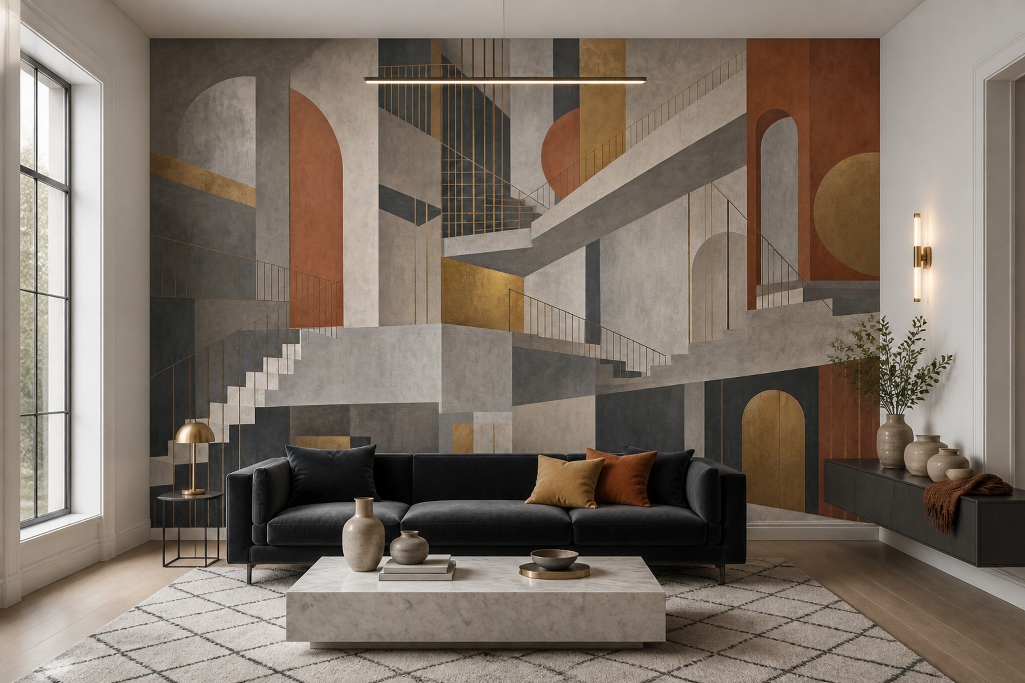 Architectural Stairs Wallpaper Abstract Geometric Removable Gold Linework Wall Decor