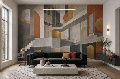 Architectural Stairs Wallpaper Abstract Geometric Removable Gold Linework Wall Decor