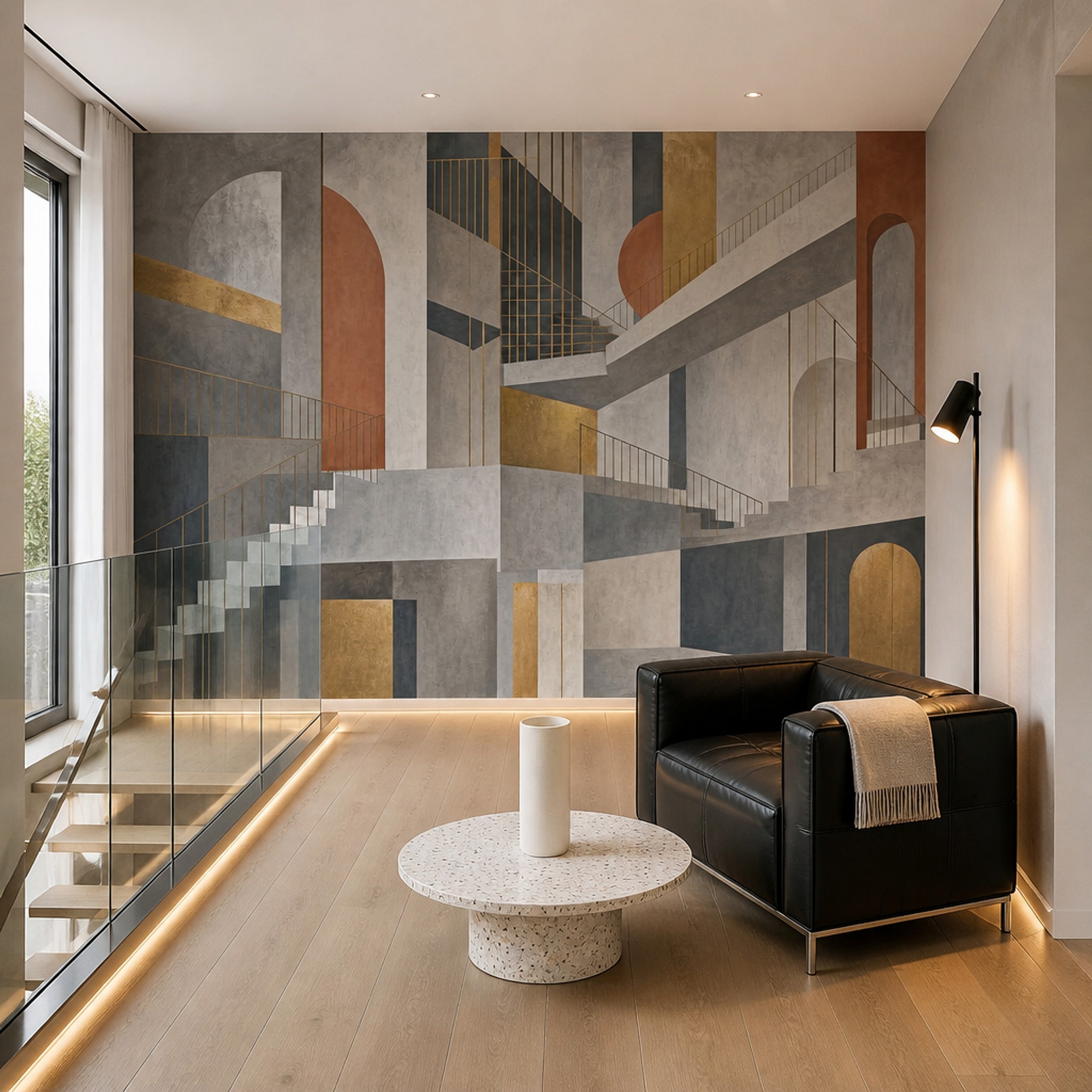 Architectural Stairs Wallpaper Abstract Geometric Removable Gold Linework Wall Decor