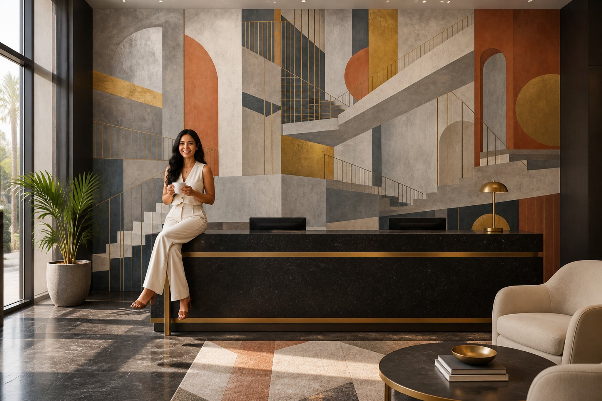 Architectural Stairs Wallpaper Abstract Geometric Removable Gold Linework Wall Decor