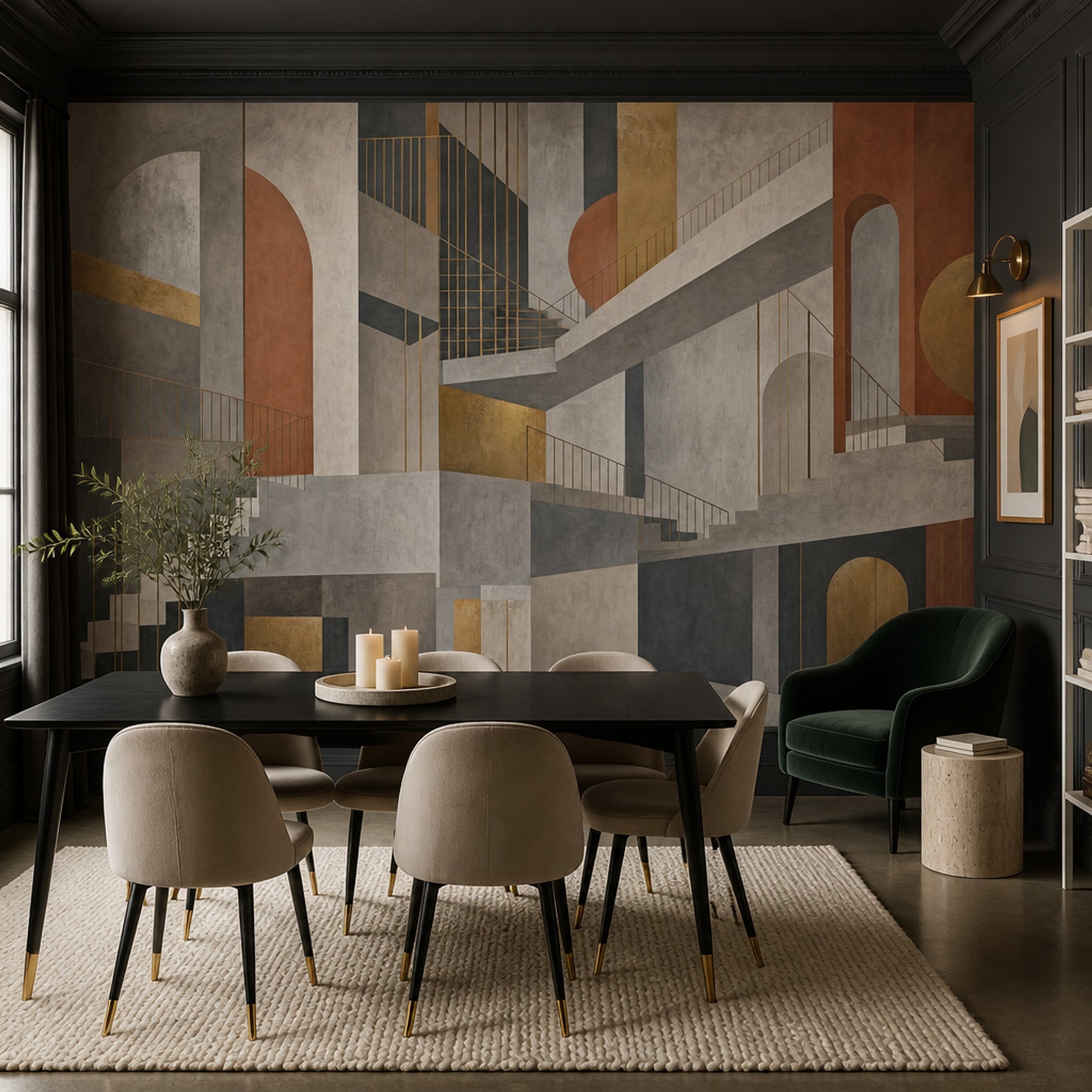 Architectural Stairs Wallpaper Abstract Geometric Removable Gold Linework Wall Decor