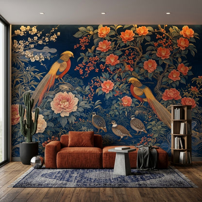 Dark Navy Background Wallpaper Oriental Floral Peonies Removable Wall Decor