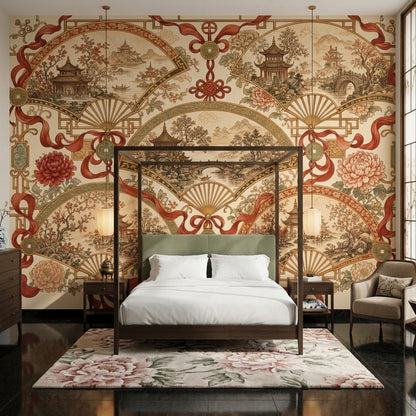 Chinoiserie Wallpaper Fan Motif Pagoda Pavilion Wall Mural