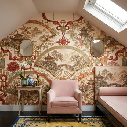 Chinoiserie Wallpaper Fan Motif Pagoda Pavilion Wall Mural