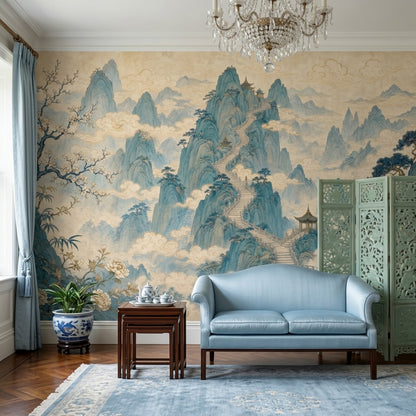 Chinese Landscape Wallpaper Misty Mountains Pagoda Pavilion Wall Mural