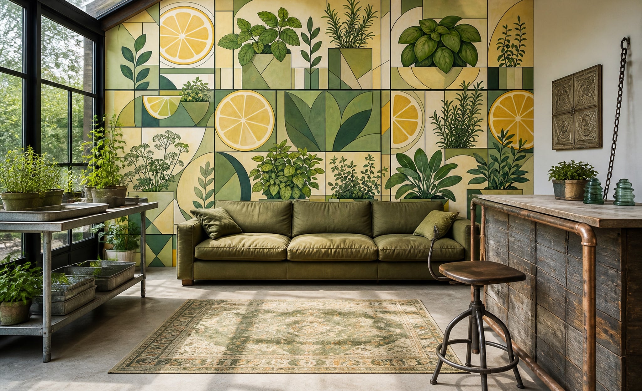 Geometric Botanical Wallpaper Herb Garden Removable Lemon Slices Wall Decor
