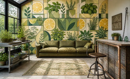 Geometric Botanical Wallpaper Herb Garden Removable Lemon Slices Wall Decor