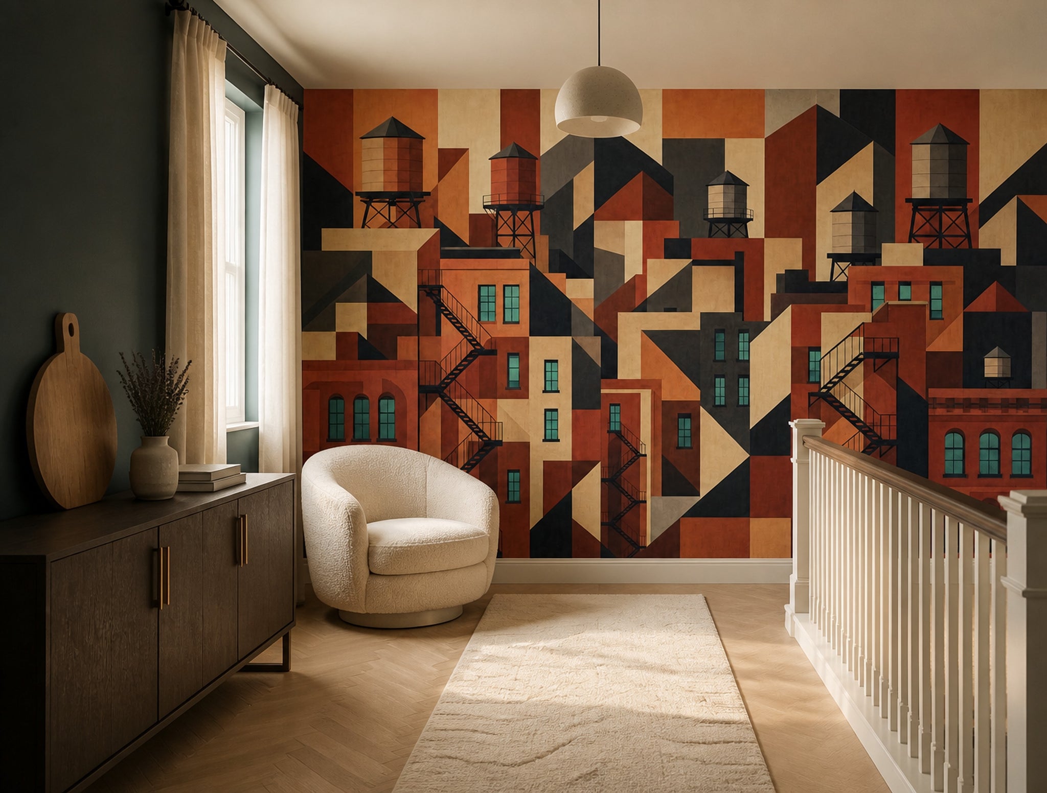 Geometric Cityscape Wallpaper Industrial Rooftops Art Deco Modern Removable Wall Decor