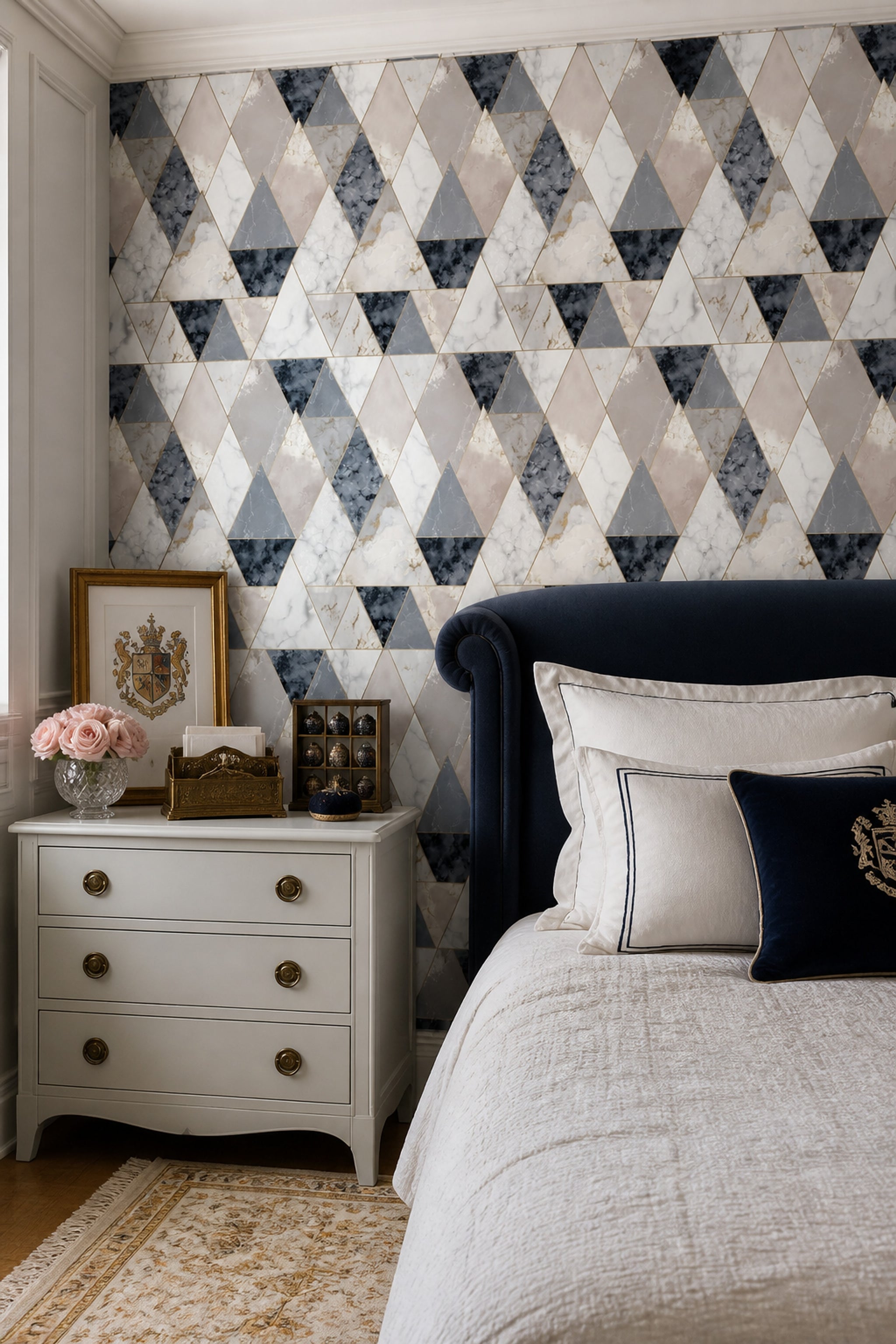 Faceted Triangles Wallpaper Marble Gold Lines Removable Wall Decor