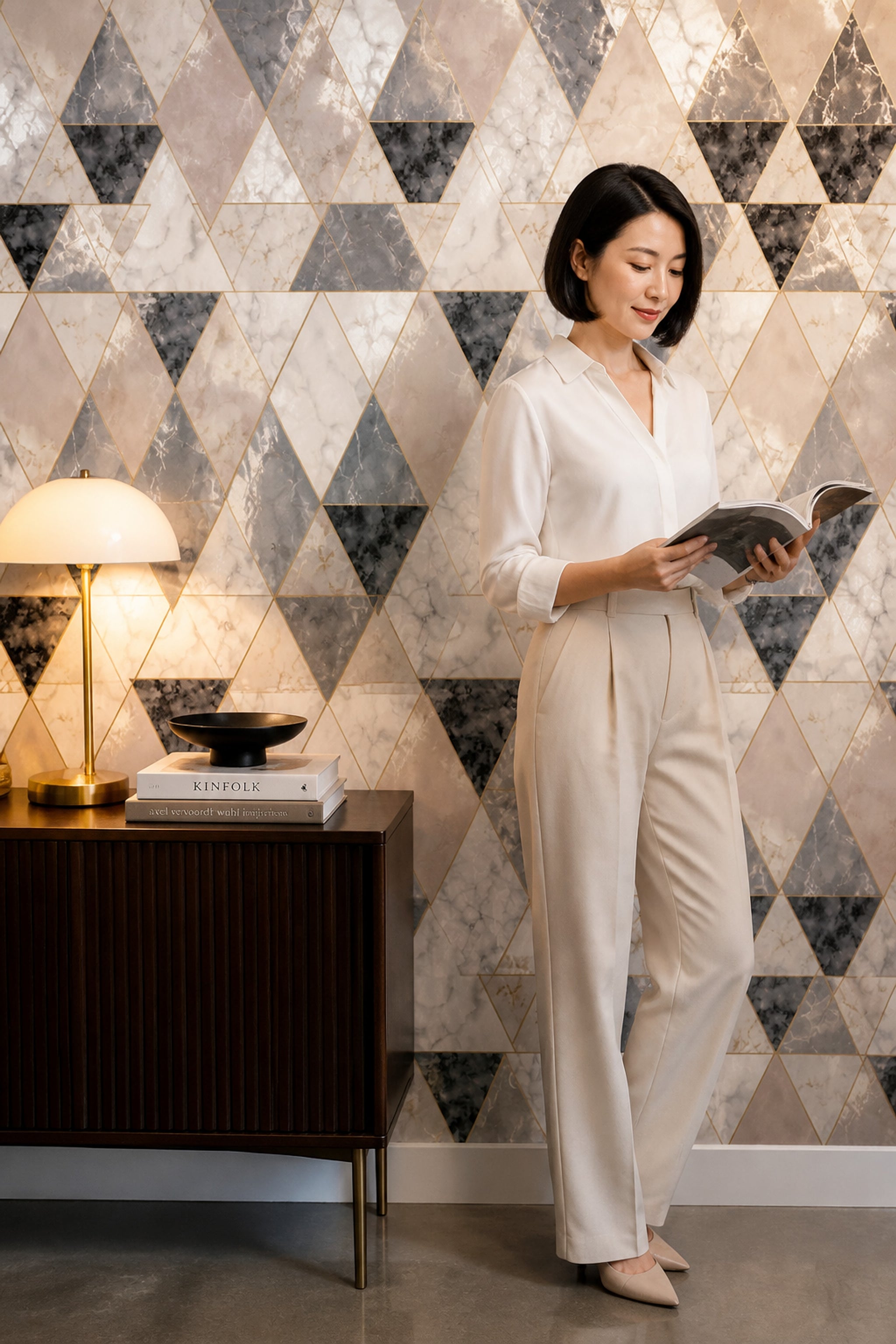 Faceted Triangles Wallpaper Marble Gold Lines Removable Wall Decor