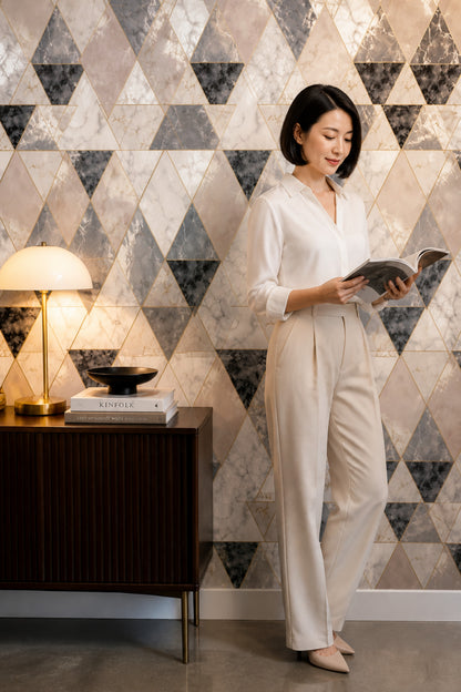 Faceted Triangles Wallpaper Marble Gold Lines Removable Wall Decor
