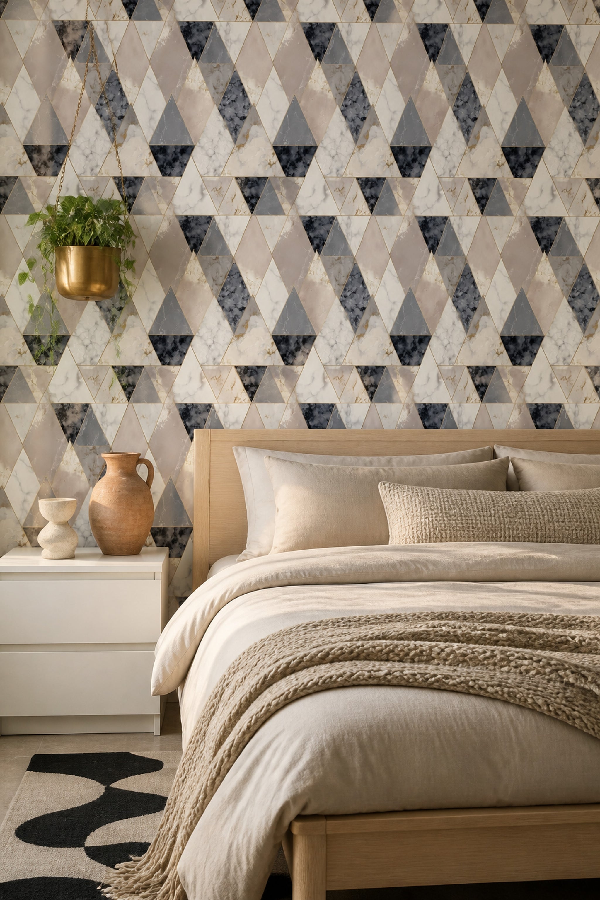 Faceted Triangles Wallpaper Marble Gold Lines Removable Wall Decor