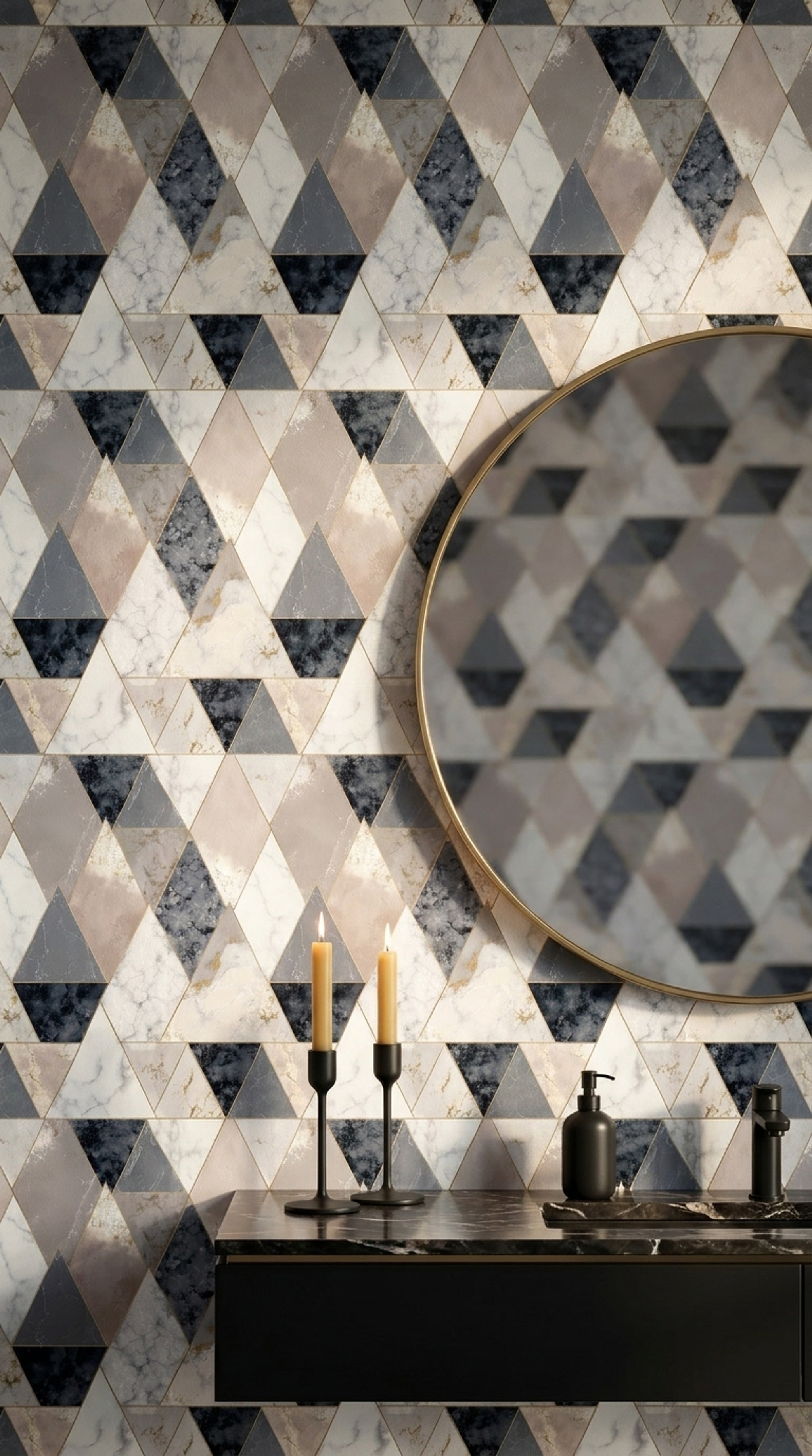 Faceted Triangles Wallpaper Marble Gold Lines Removable Wall Decor