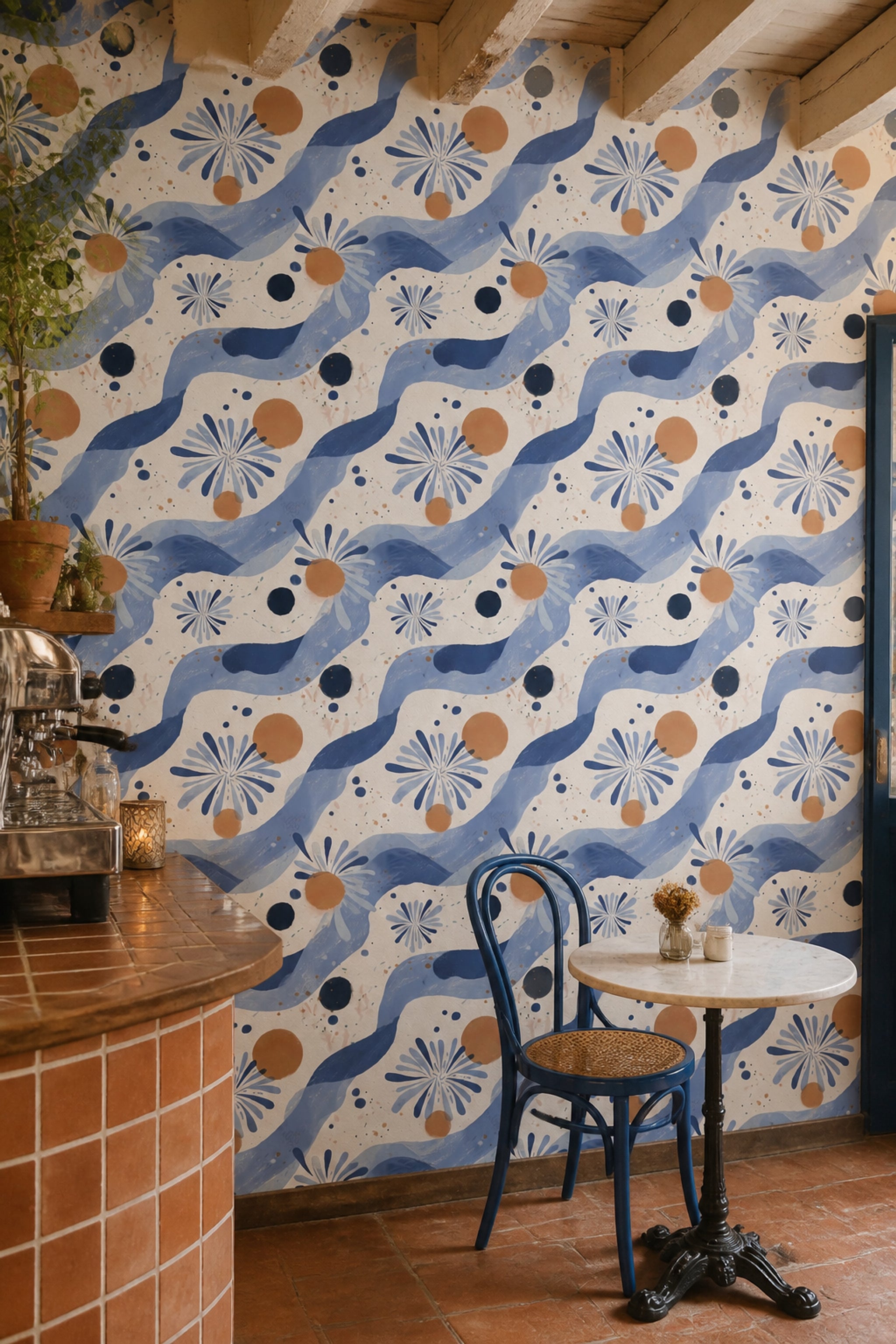 Abstract Floral Wallpaper Blue Daisy Hand Painted Decorative Mural