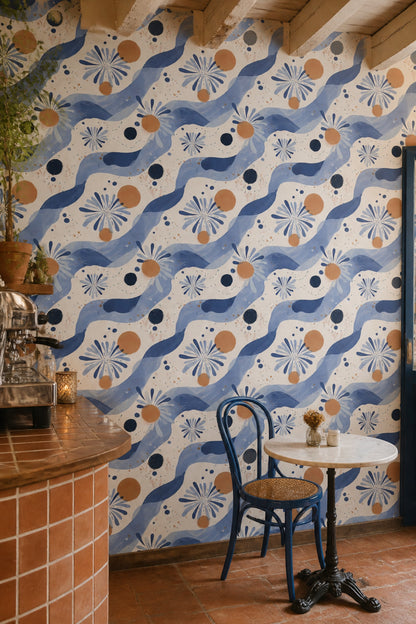 Abstract Floral Wallpaper Blue Daisy Hand Painted Decorative Mural