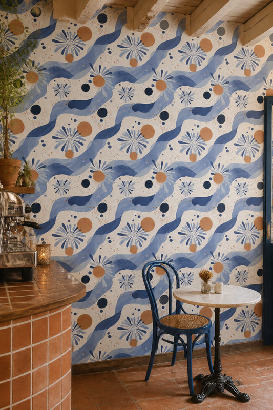 Abstract Floral Wallpaper Blue Daisy Hand Painted Decorative Mural