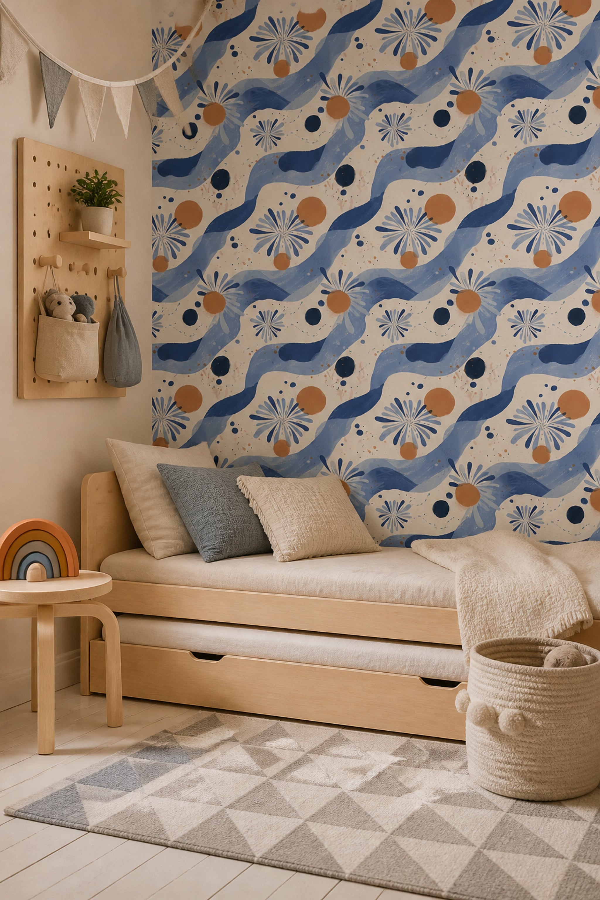 Abstract Floral Wallpaper Blue Daisy Hand Painted Decorative Mural