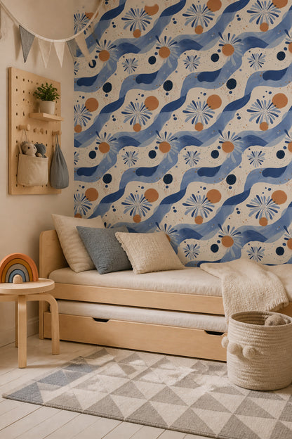 Abstract Floral Wallpaper Blue Daisy Hand Painted Decorative Mural