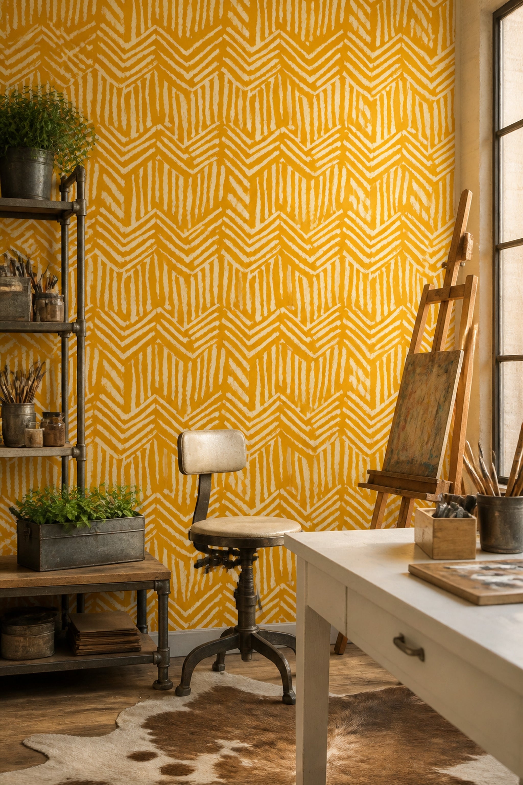 Mustard Yellow Wallpaper White Brushstroke Chevron Removable Wall Decor