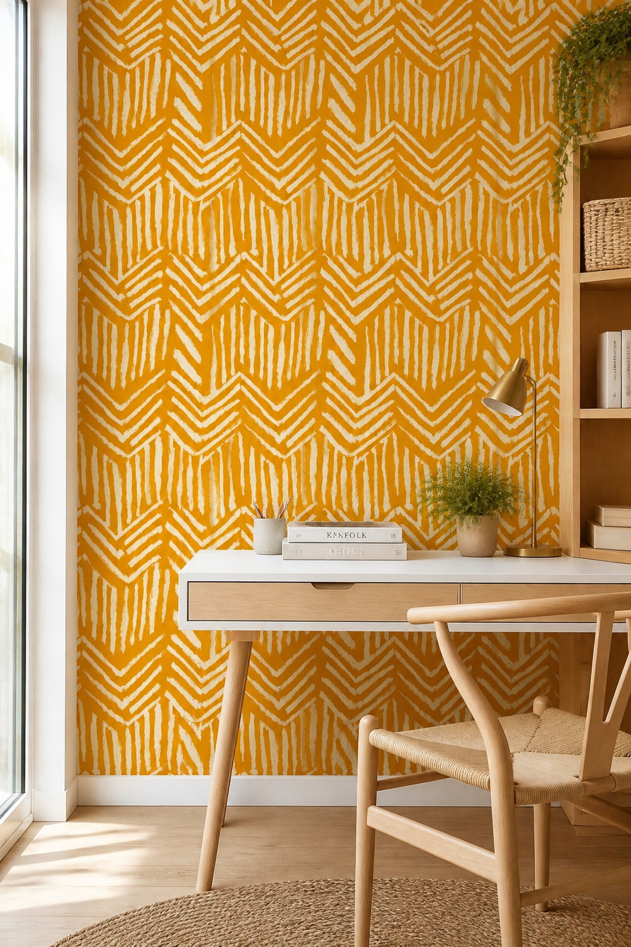 Mustard Yellow Wallpaper White Brushstroke Chevron Removable Wall Decor