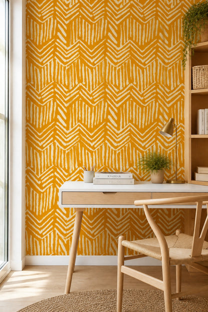 Mustard Yellow Wallpaper White Brushstroke Chevron Removable Wall Decor