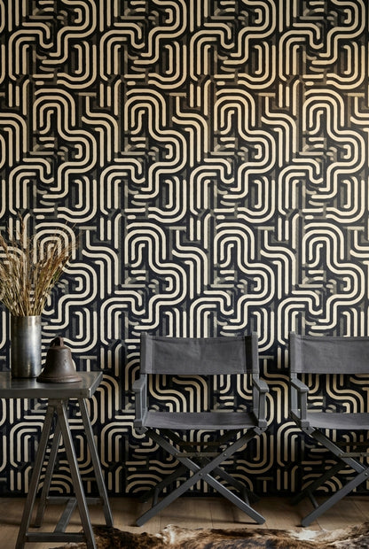 Maze Pattern Wallpaper Rounded Lines Abstract Geometric Removable Wall Decor