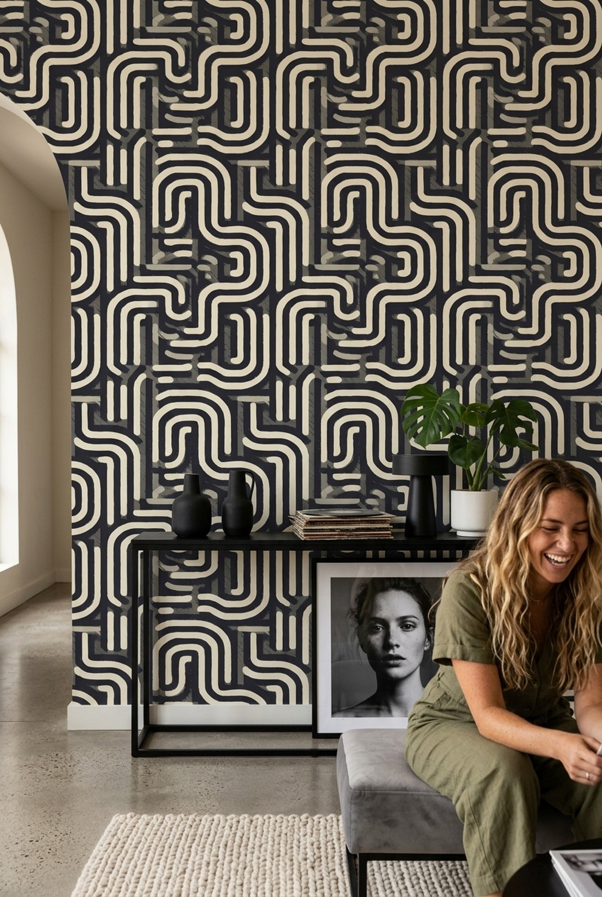 Maze Pattern Wallpaper Rounded Lines Abstract Geometric Removable Wall Decor