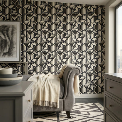 Maze Pattern Wallpaper Rounded Lines Abstract Geometric Removable Wall Decor