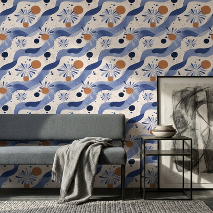Abstract Floral Wallpaper Blue Daisy Hand Painted Decorative Mural