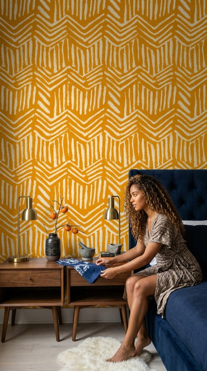 Mustard Yellow Wallpaper White Brushstroke Chevron Removable Wall Decor
