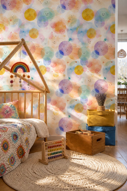 Watercolor Texture Wallpaper Pastel Circles Smiley Faces Removable Wall Decor