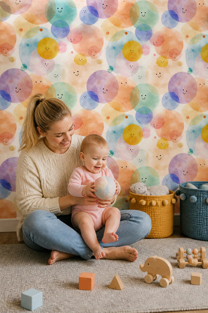 Watercolor Texture Wallpaper Pastel Circles Smiley Faces Removable Wall Decor